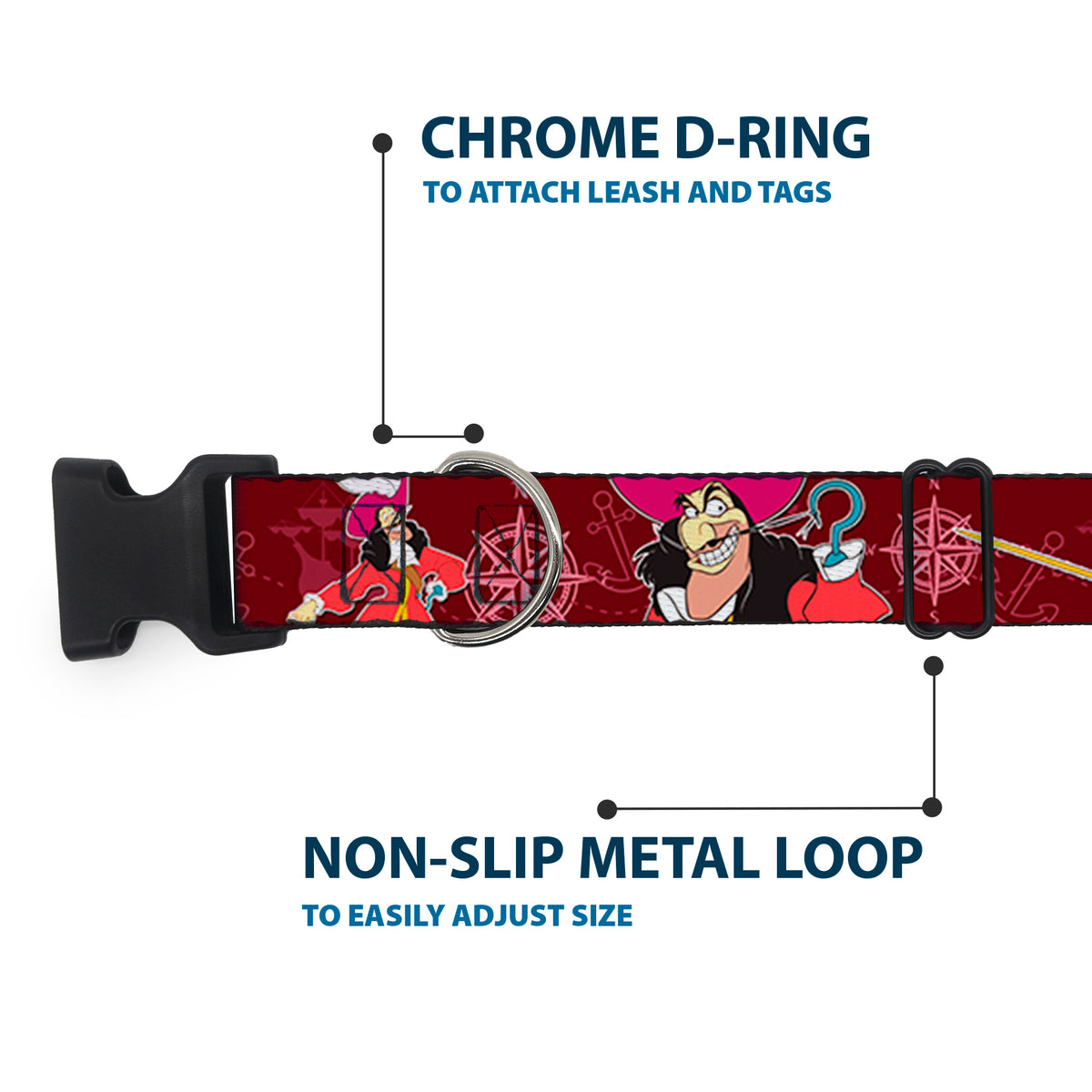 Plastic Clip Collar - Captain Hook Poses/Nautical Elements Burgundy Dog Collars Plastic Clip Side Release Disney