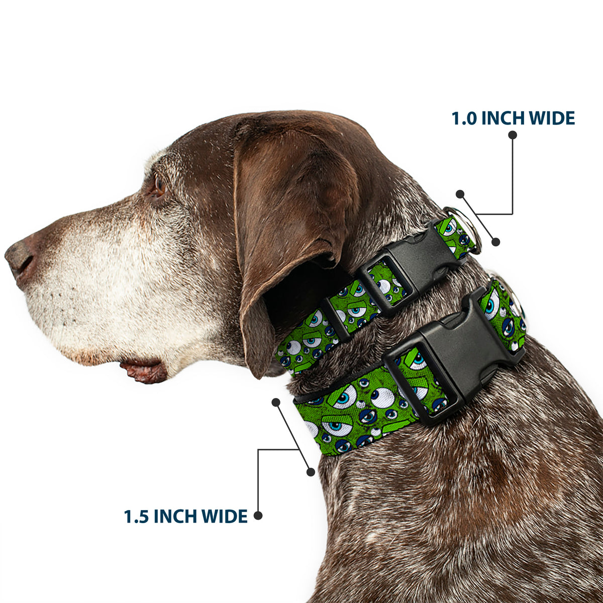 Plastic Clip Collar - Monsters Inc. Eye Collage Weathered Greens/Blues Dog Collars Plastic Clip Side Release Disney