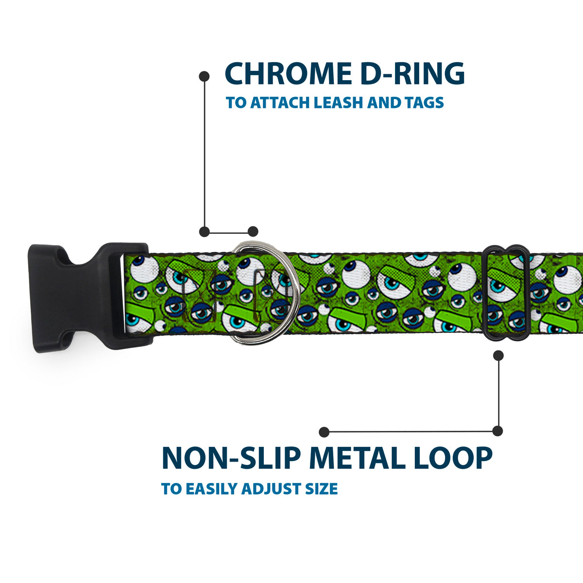 Plastic Clip Collar - Monsters Inc. Eye Collage Weathered Greens/Blues Dog Collars Plastic Clip Side Release Disney