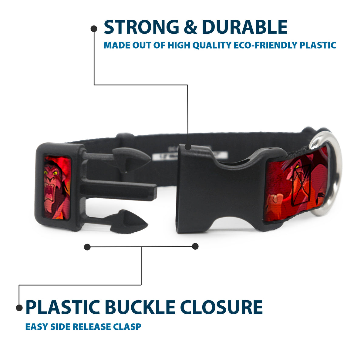 Plastic Clip Collar - Simba Scar Battle Scene Fiery Red Dog Collars Plastic Clip Side Release Disney