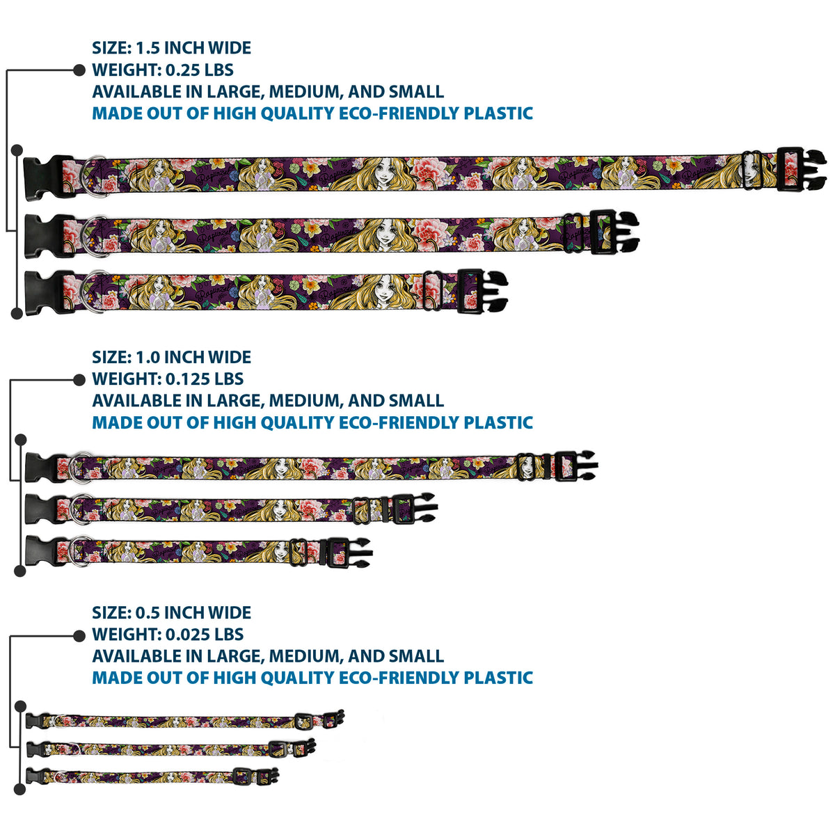 Plastic Clip Collar - Rapunzel Poses/Floral Collage Sketch Purple Dog Collars Plastic Clip Side Release Disney