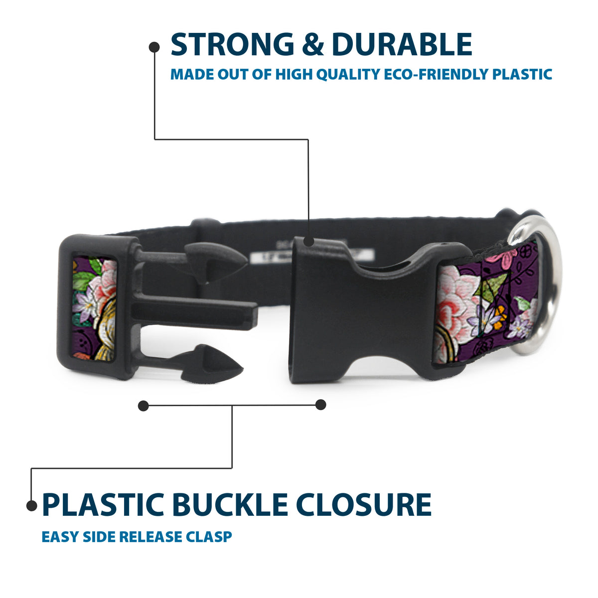 Plastic Clip Collar - Rapunzel Poses/Floral Collage Sketch Purple Dog Collars Plastic Clip Side Release Disney