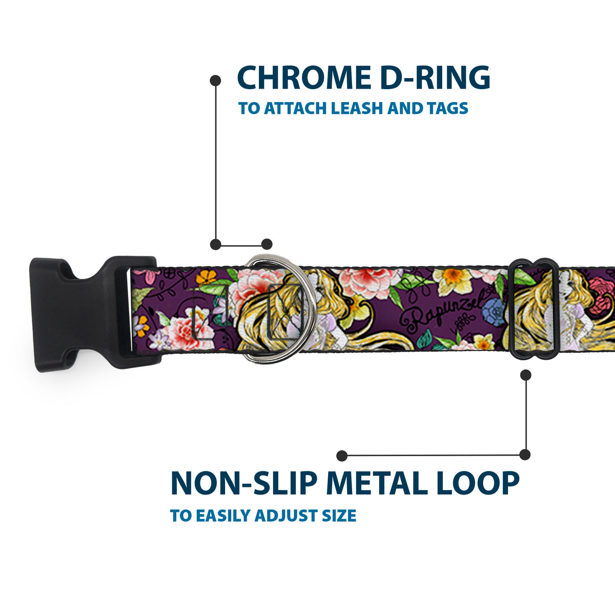 Plastic Clip Collar - Rapunzel Poses/Floral Collage Sketch Purple Dog Collars Plastic Clip Side Release Disney