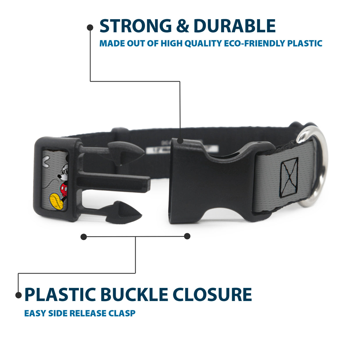 Plastic Clip Collar - Mickey Mouse w/Glasses Poses Gray Dog Collars Plastic Clip Side Release Disney
