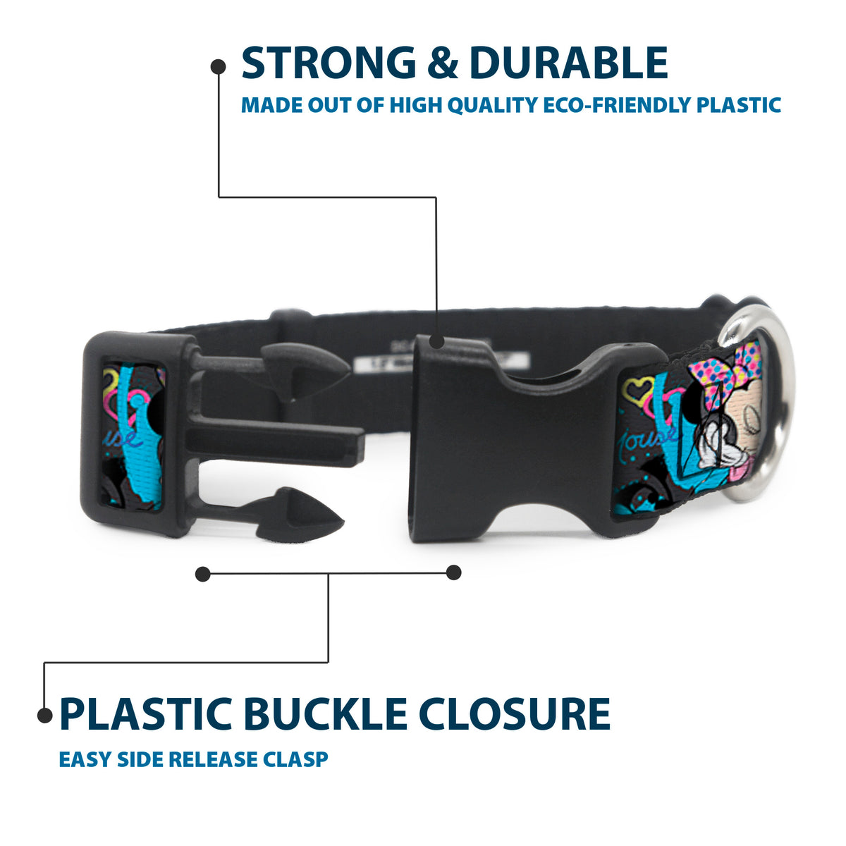 Plastic Clip Collar - Minnie Mouse Hoody & Headphone Poses Gray/Multi Color Dog Collars Plastic Clip Side Release Disney