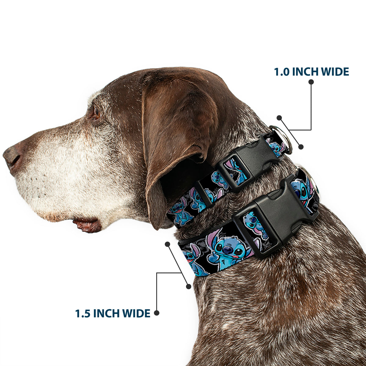 Plastic Clip Collar - Stitch Poses/Hibiscus Sketch Black/Gray/Blue Dog Collars Plastic Clip Side Release Disney