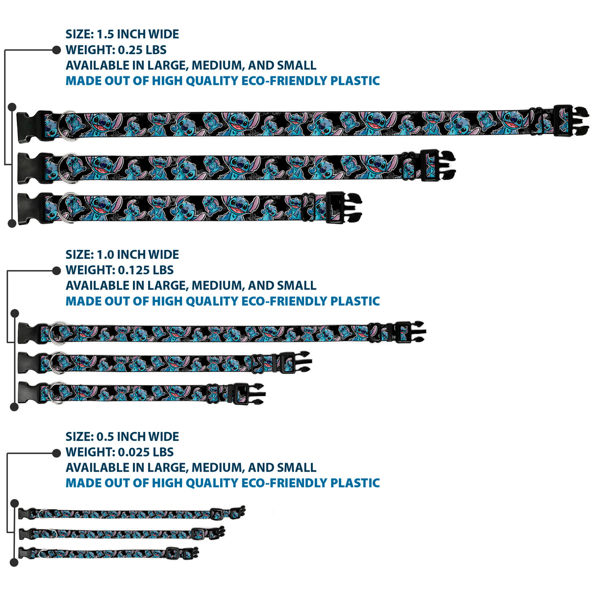 Plastic Clip Collar - Stitch Poses/Hibiscus Sketch Black/Gray/Blue Dog Collars Plastic Clip Side Release Disney