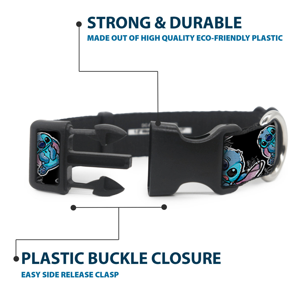Plastic Clip Collar - Stitch Poses/Hibiscus Sketch Black/Gray/Blue Dog Collars Plastic Clip Side Release Disney