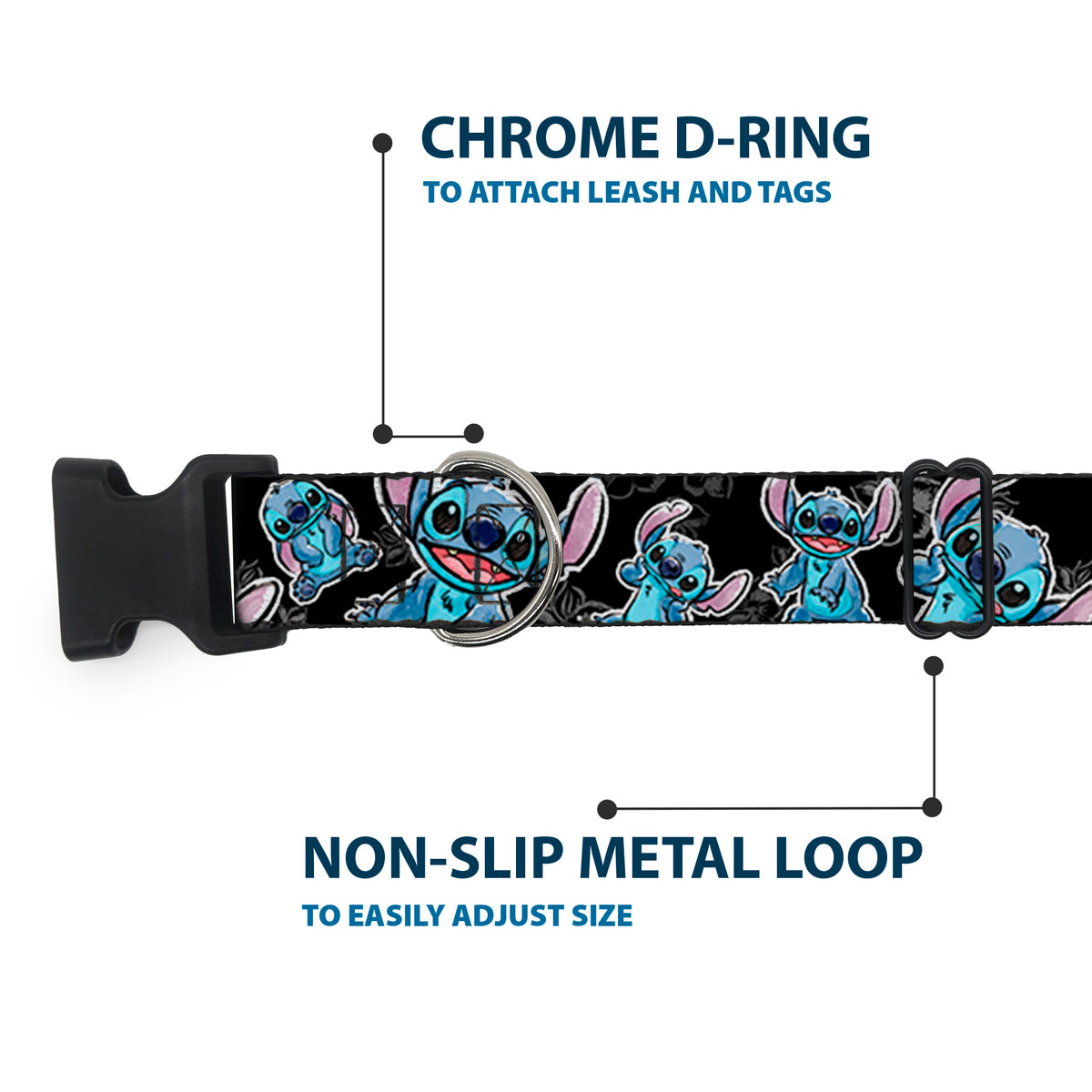 Plastic Clip Collar - Stitch Poses/Hibiscus Sketch Black/Gray/Blue Dog Collars Plastic Clip Side Release Disney