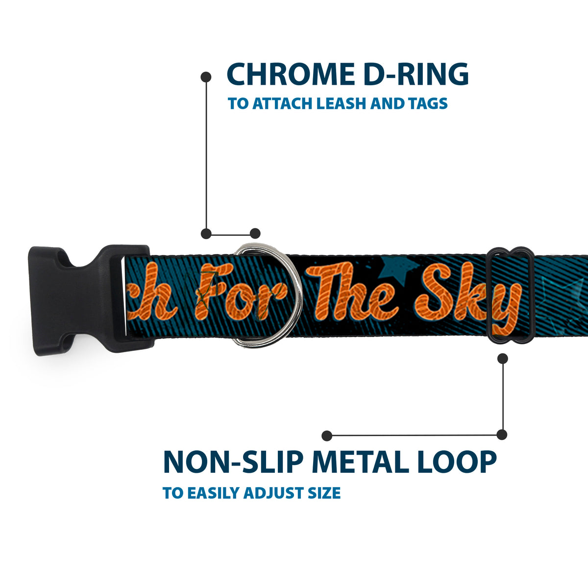Plastic Clip Collar - Woody REACH FOR THE SKY Denim Blue Print Dog Collars Plastic Clip Side Release Disney