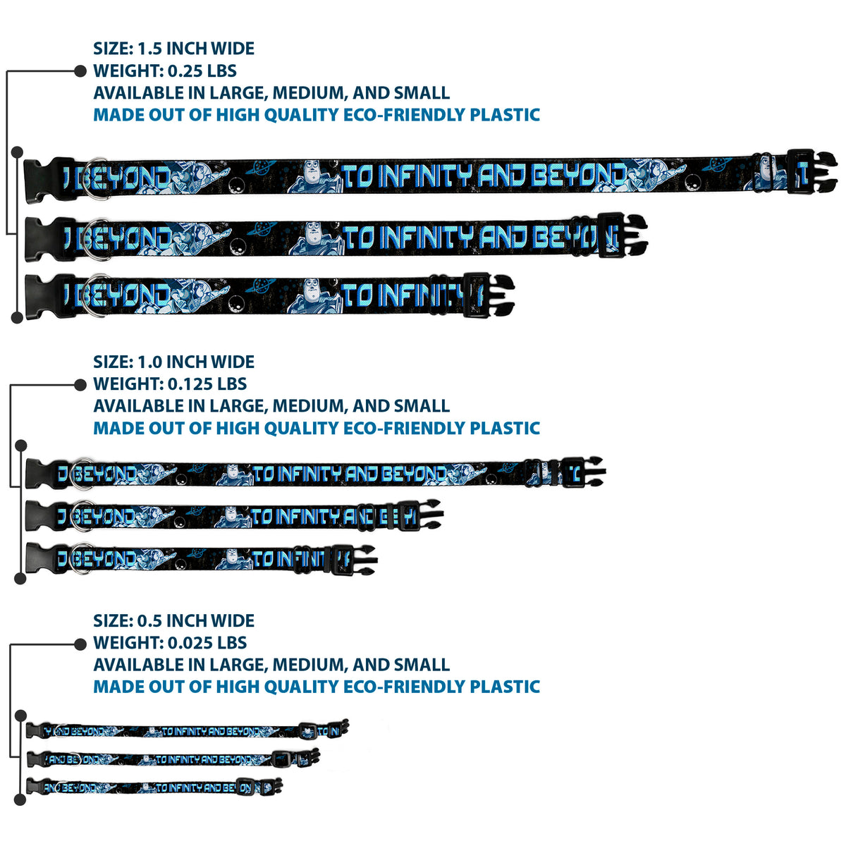 Plastic Clip Collar - Buzz Poses/Stars TO INFINITY AND BEYOND Black/Blues Dog Collars Plastic Clip Side Release Disney