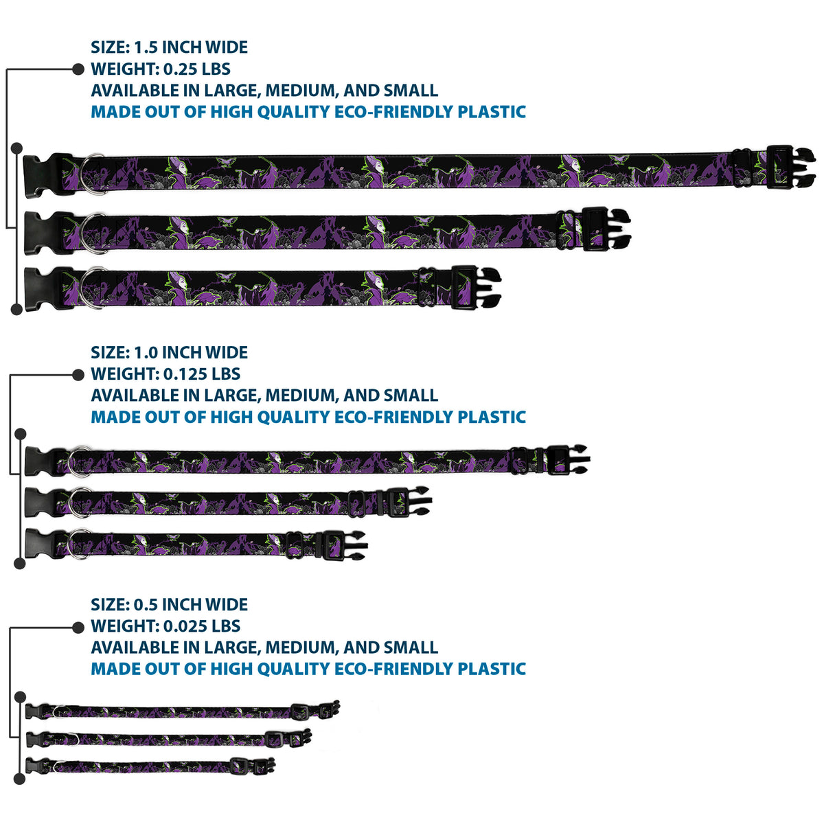 Plastic Clip Collar - Maleficent & Diablo Black Roses/Purples Dog Collars Plastic Clip Side Release Disney