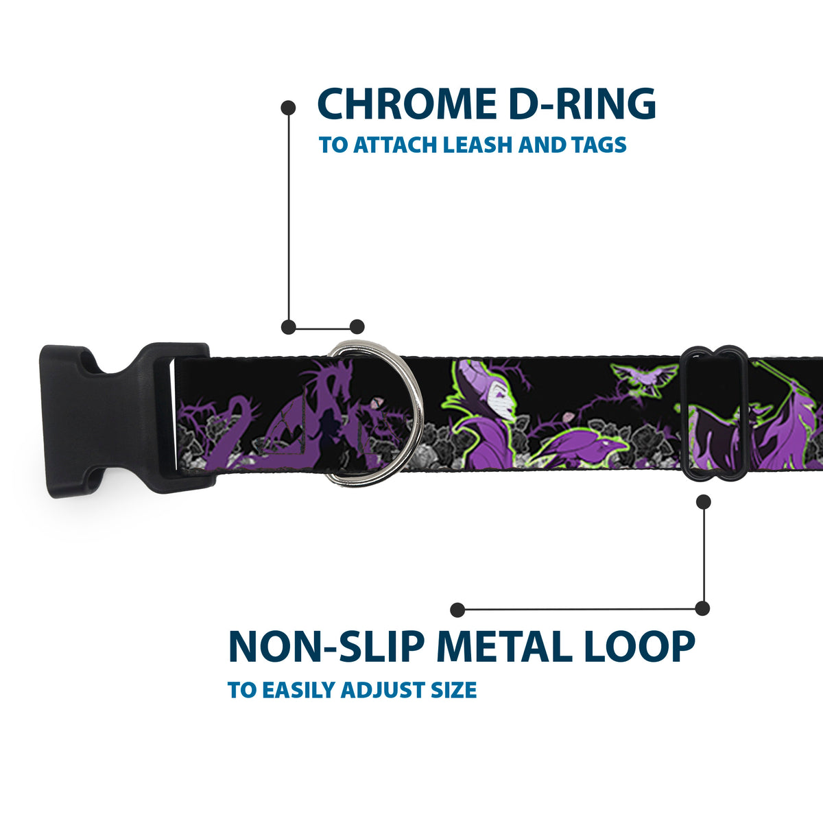Plastic Clip Collar - Maleficent & Diablo Black Roses/Purples Dog Collars Plastic Clip Side Release Disney