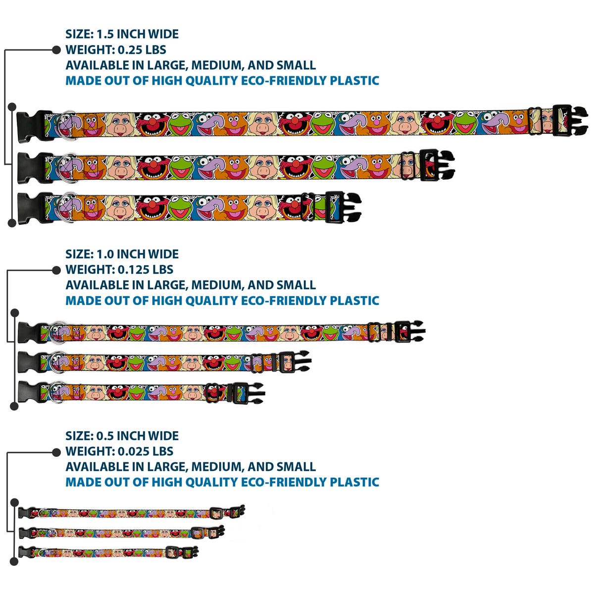 Plastic Clip Collar - Muppets Faces CLOSE-UP Black Dog Collars Plastic Clip Side Release Disney