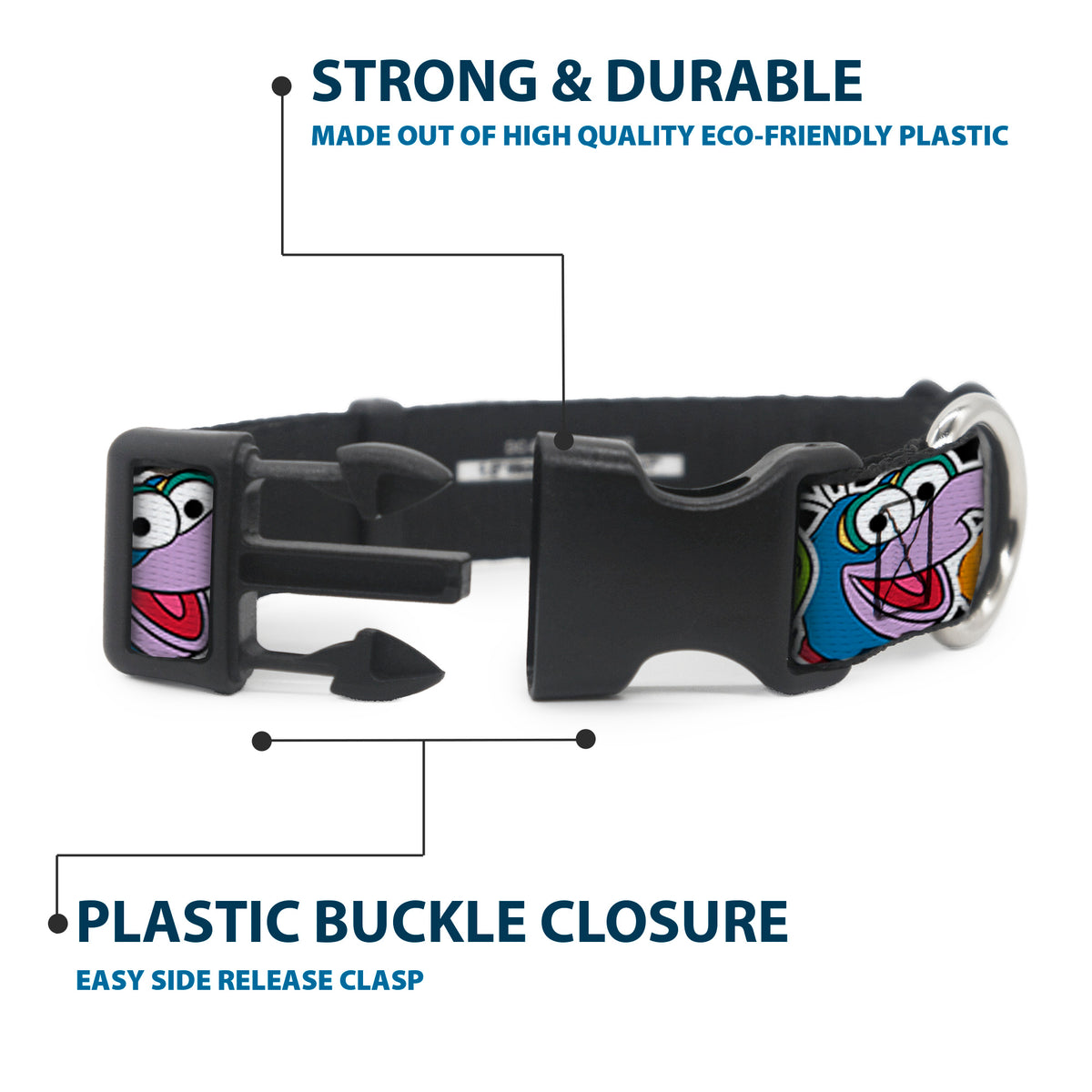 Plastic Clip Collar - Muppets Faces CLOSE-UP Black Dog Collars Plastic Clip Side Release Disney