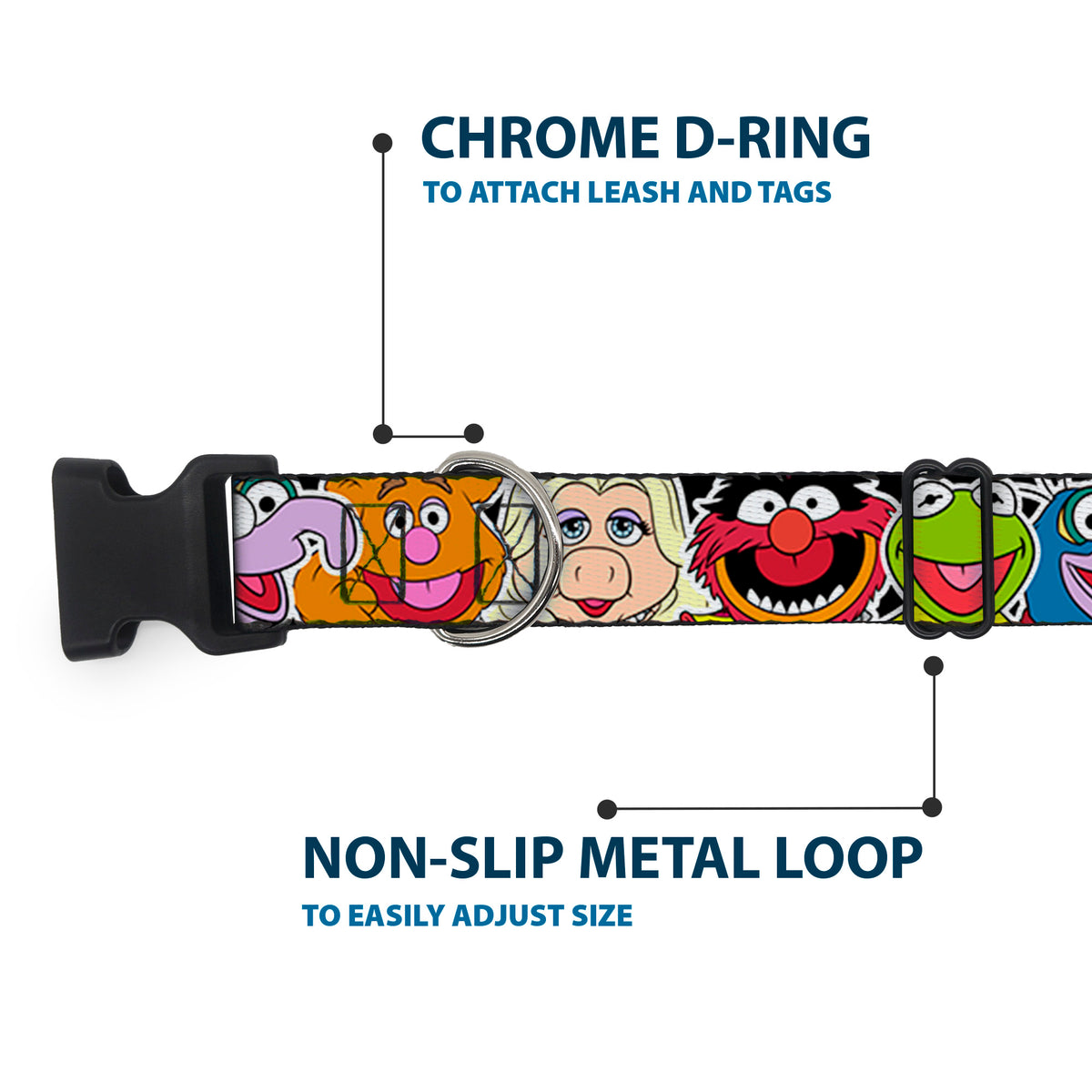 Plastic Clip Collar - Muppets Faces CLOSE-UP Black Dog Collars Plastic Clip Side Release Disney