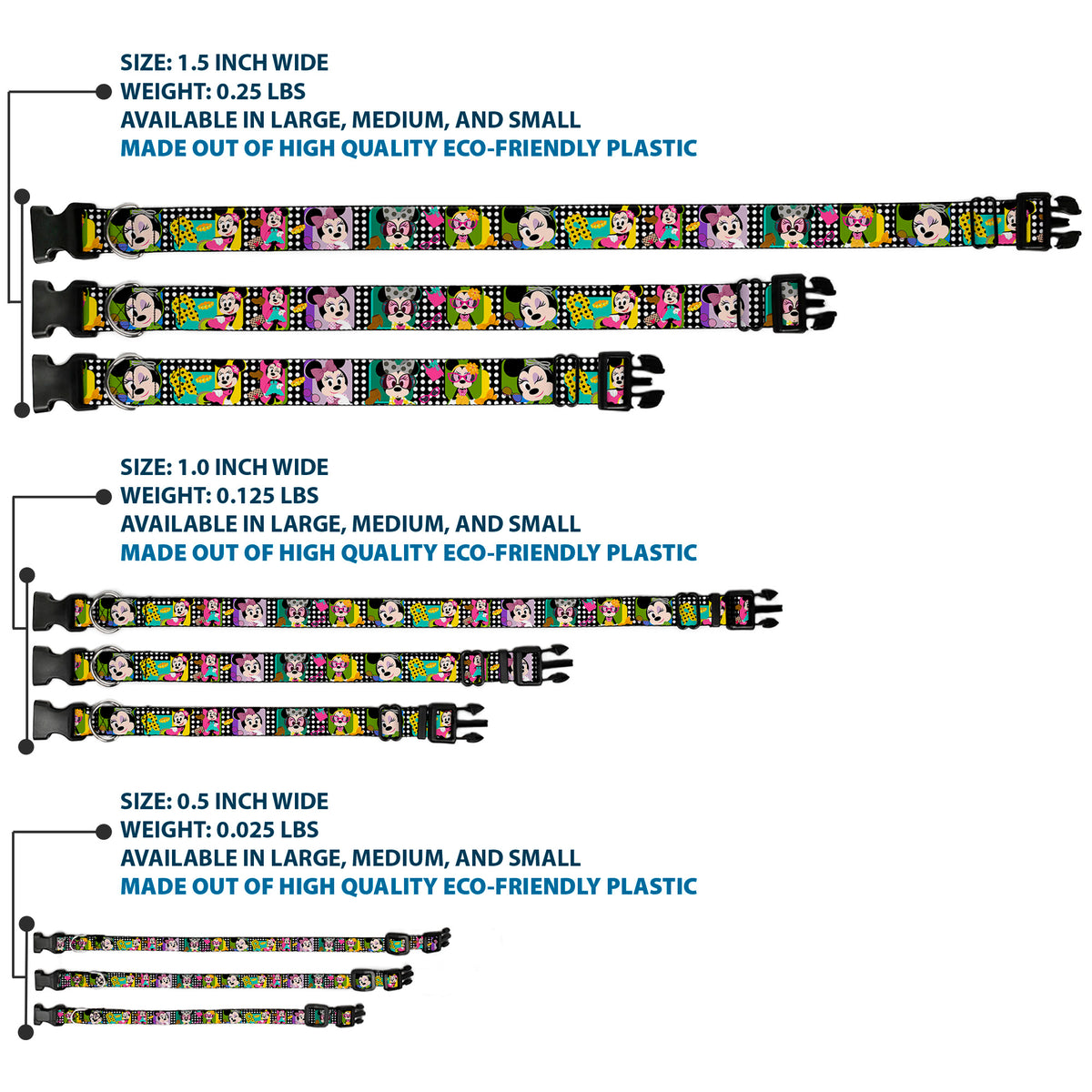 Plastic Clip Collar - Mini Minnie Fashion Poses/Polka Dot Black/White/Multi Color Dog Collars Plastic Clip Side Release Disney