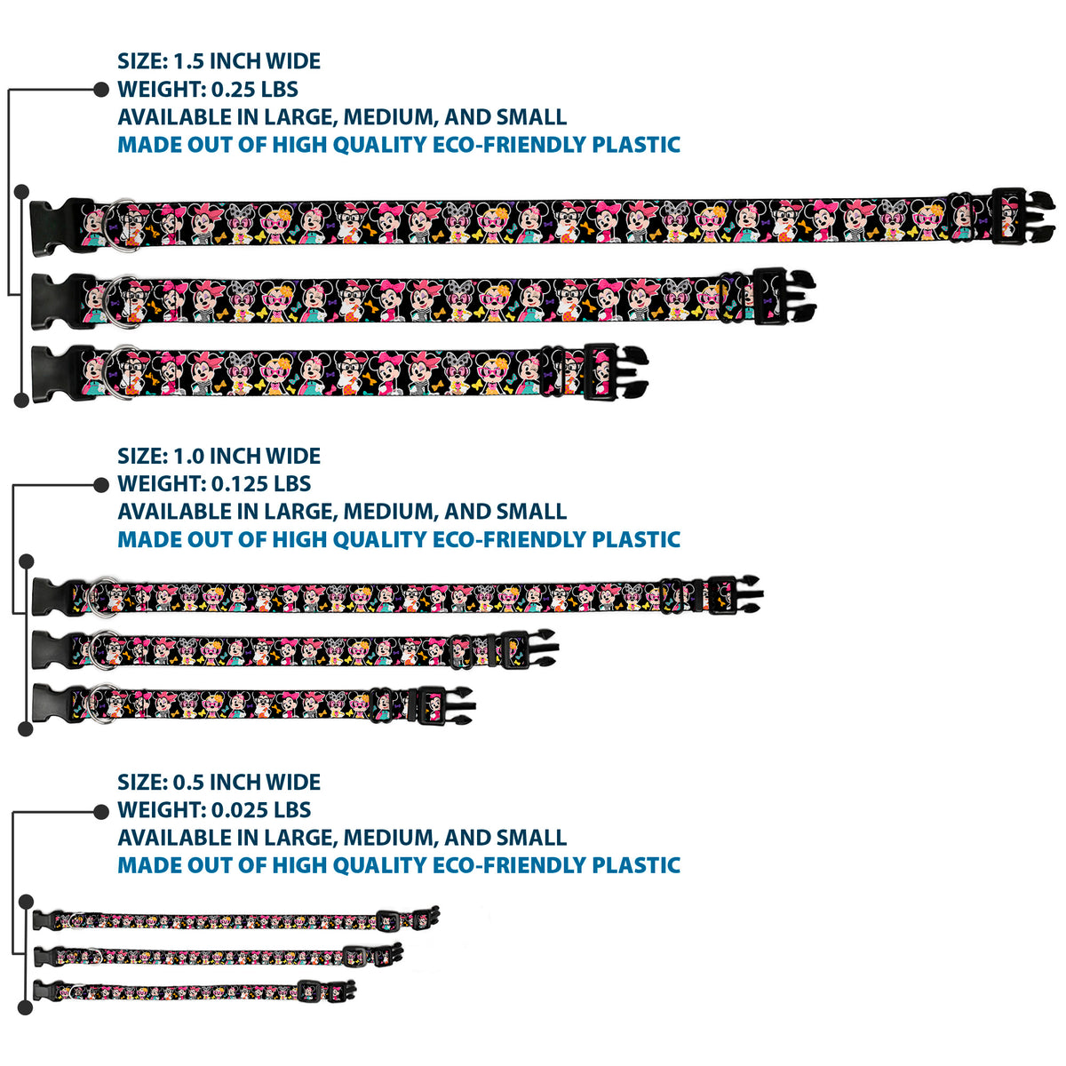 Plastic Clip Collar - Mini Minnie Expressions/Bows Black/Multi Color Dog Collars Plastic Clip Side Release Disney