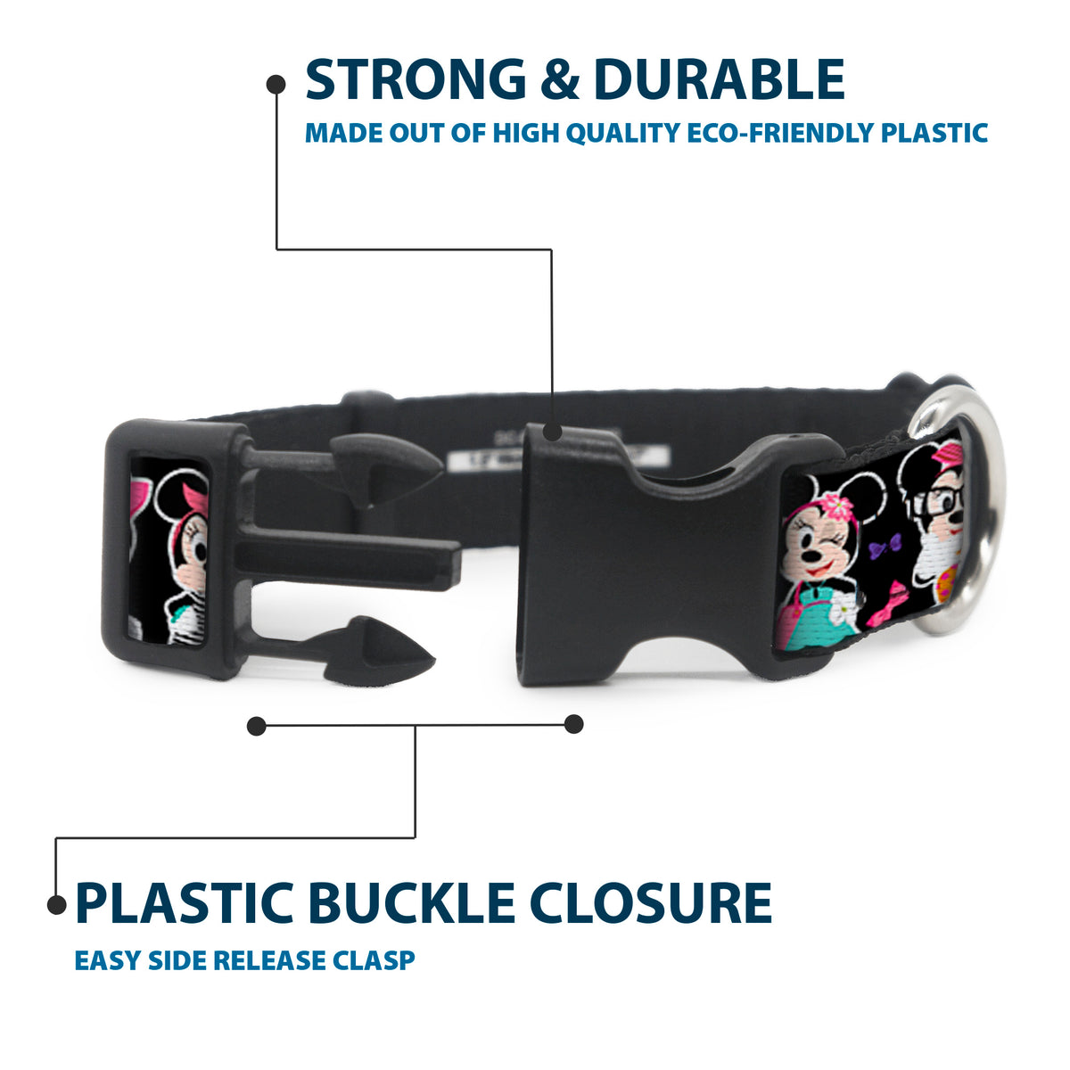 Plastic Clip Collar - Mini Minnie Expressions/Bows Black/Multi Color Dog Collars Plastic Clip Side Release Disney