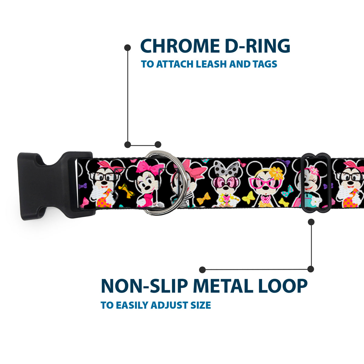 Plastic Clip Collar - Mini Minnie Expressions/Bows Black/Multi Color Dog Collars Plastic Clip Side Release Disney