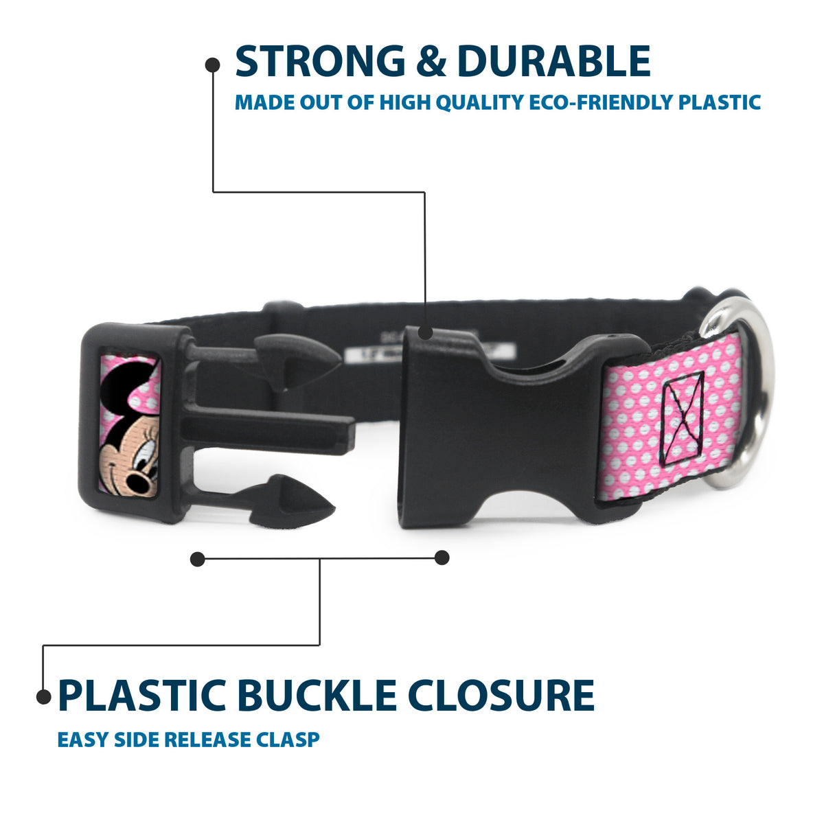 Plastic Clip Collar - Minnie Mouse Expressions Polka Dot Pink/White Dog Collars Plastic Clip Side Release Disney