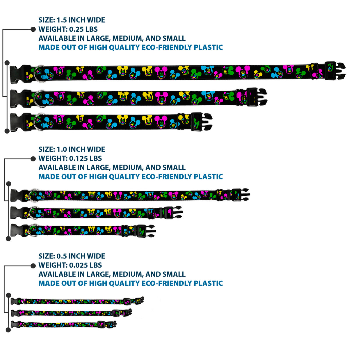 Plastic Clip Collar - Mickey Mouse Expressions Scattered Black/Multi Neon Dog Collars Plastic Clip Side Release Disney