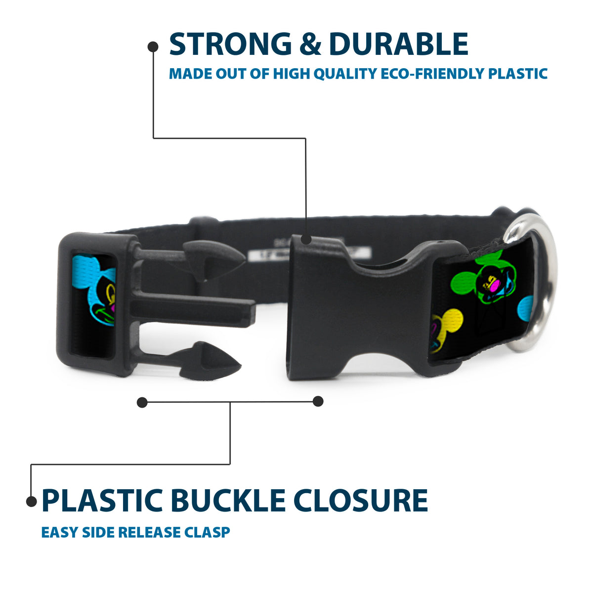 Plastic Clip Collar - Mickey Mouse Expressions Scattered Black/Multi Neon Dog Collars Plastic Clip Side Release Disney