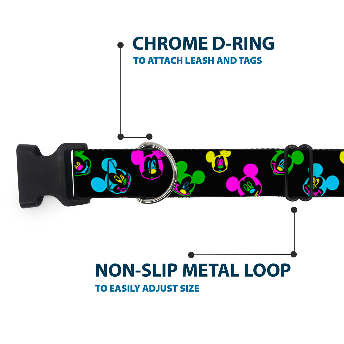 Plastic Clip Collar - Mickey Mouse Expressions Scattered Black/Multi Neon Dog Collars Plastic Clip Side Release Disney