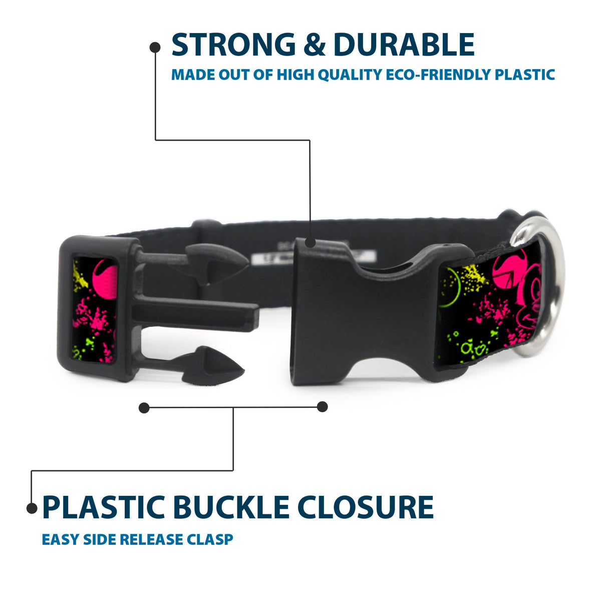 Plastic Clip Collar - Mickey Expressions/Paint Splatter Black/Multi Neon Dog Collars Plastic Clip Side Release Disney