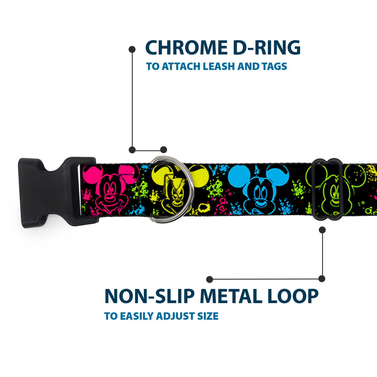 Plastic Clip Collar - Mickey Expressions/Paint Splatter Black/Multi Neon Dog Collars Plastic Clip Side Release Disney