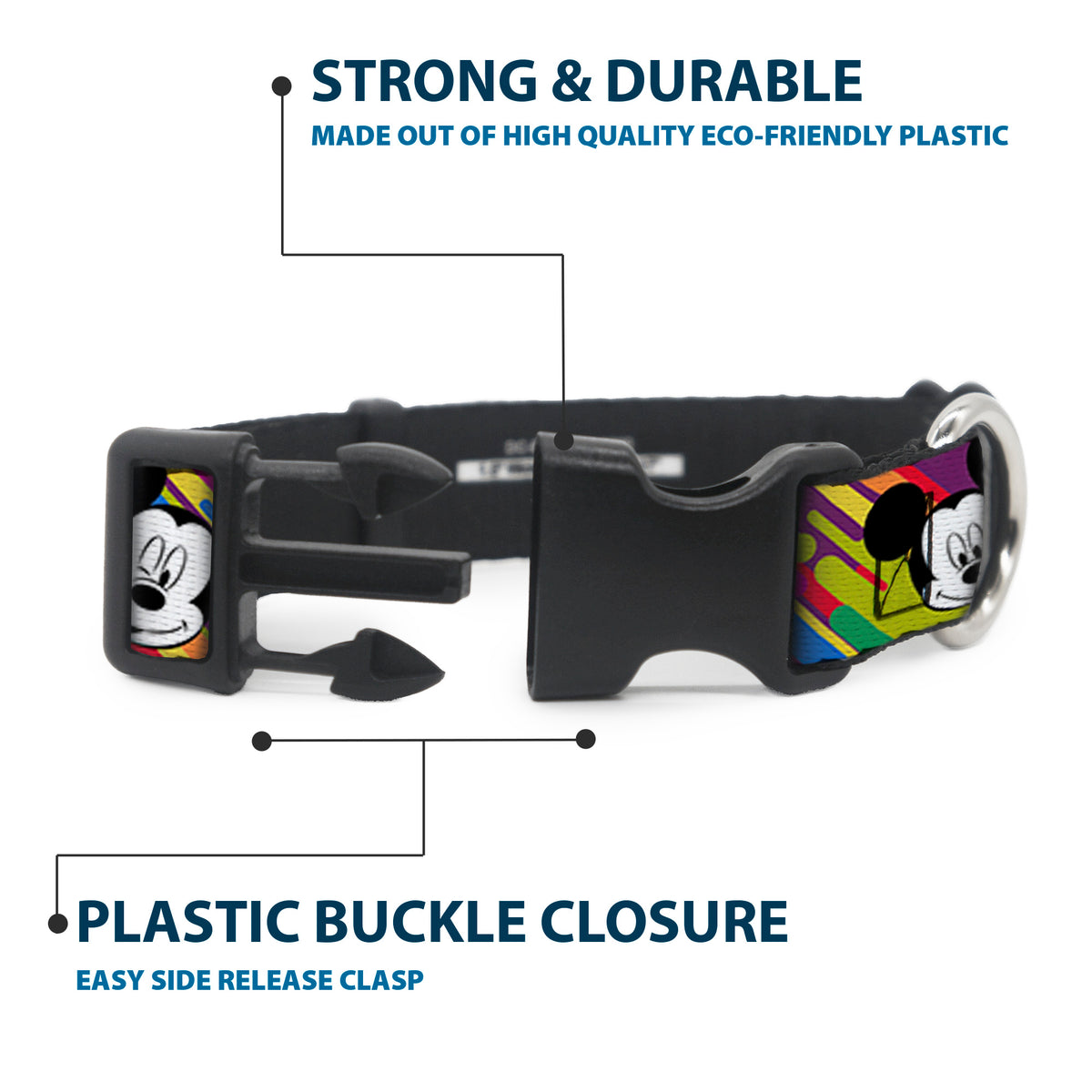 Plastic Clip Collar - Mickey Mouse Expressions Multi Color White/Black Dog Collars Plastic Clip Side Release Disney
