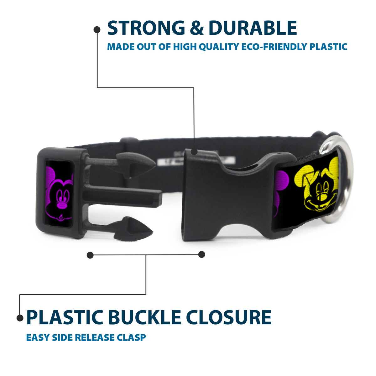 Plastic Clip Collar - Mickey Expressions Black/Multi Neon Dog Collars Plastic Clip Side Release Disney