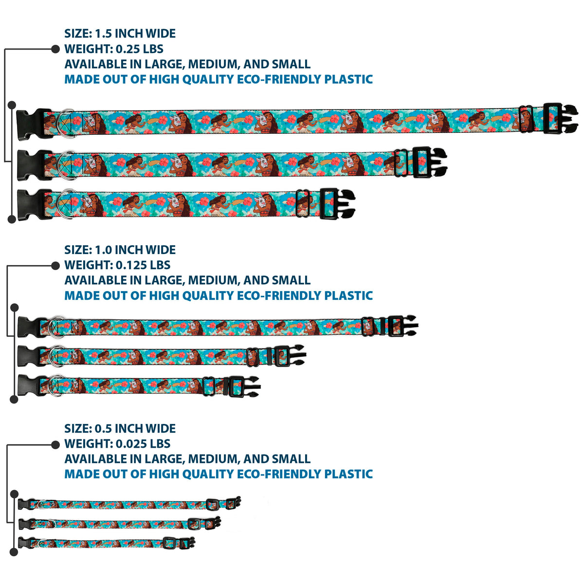 Plastic Clip Collar - Moana Poses and Pua Flowers Blues Dog Collars Plastic Clip Side Release Disney
