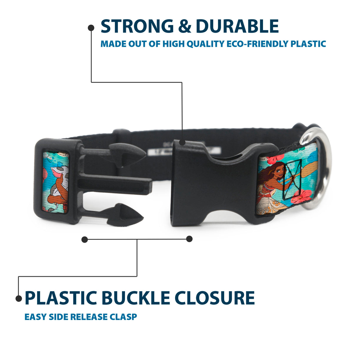 Plastic Clip Collar - Moana Poses and Pua Flowers Blues Dog Collars Plastic Clip Side Release Disney
