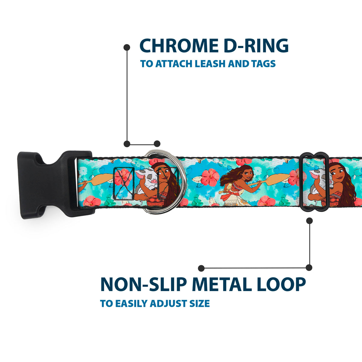 Plastic Clip Collar - Moana Poses and Pua Flowers Blues Dog Collars Plastic Clip Side Release Disney