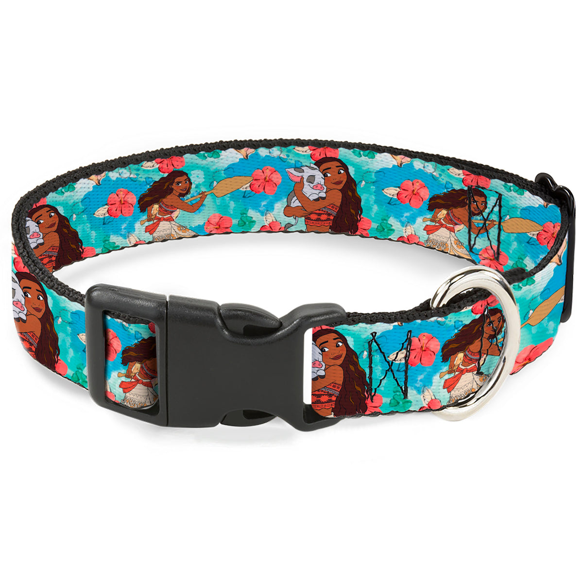 Plastic Clip Collar - Moana Poses and Pua Flowers Blues Dog Collars Plastic Clip Side Release Disney