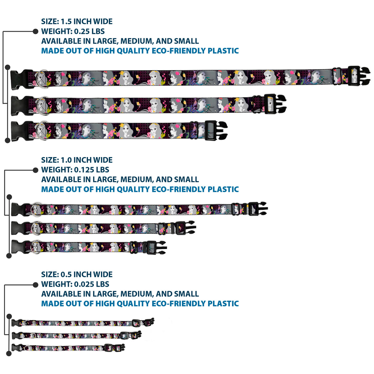 Plastic Clip Collar - Princess Silhouettes Dots Black/Purple/Gray/Multi Color Dog Collars Plastic Clip Side Release Disney