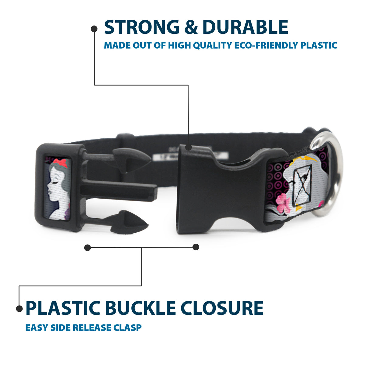 Plastic Clip Collar - Princess Silhouettes Dots Black/Purple/Gray/Multi Color Dog Collars Plastic Clip Side Release Disney