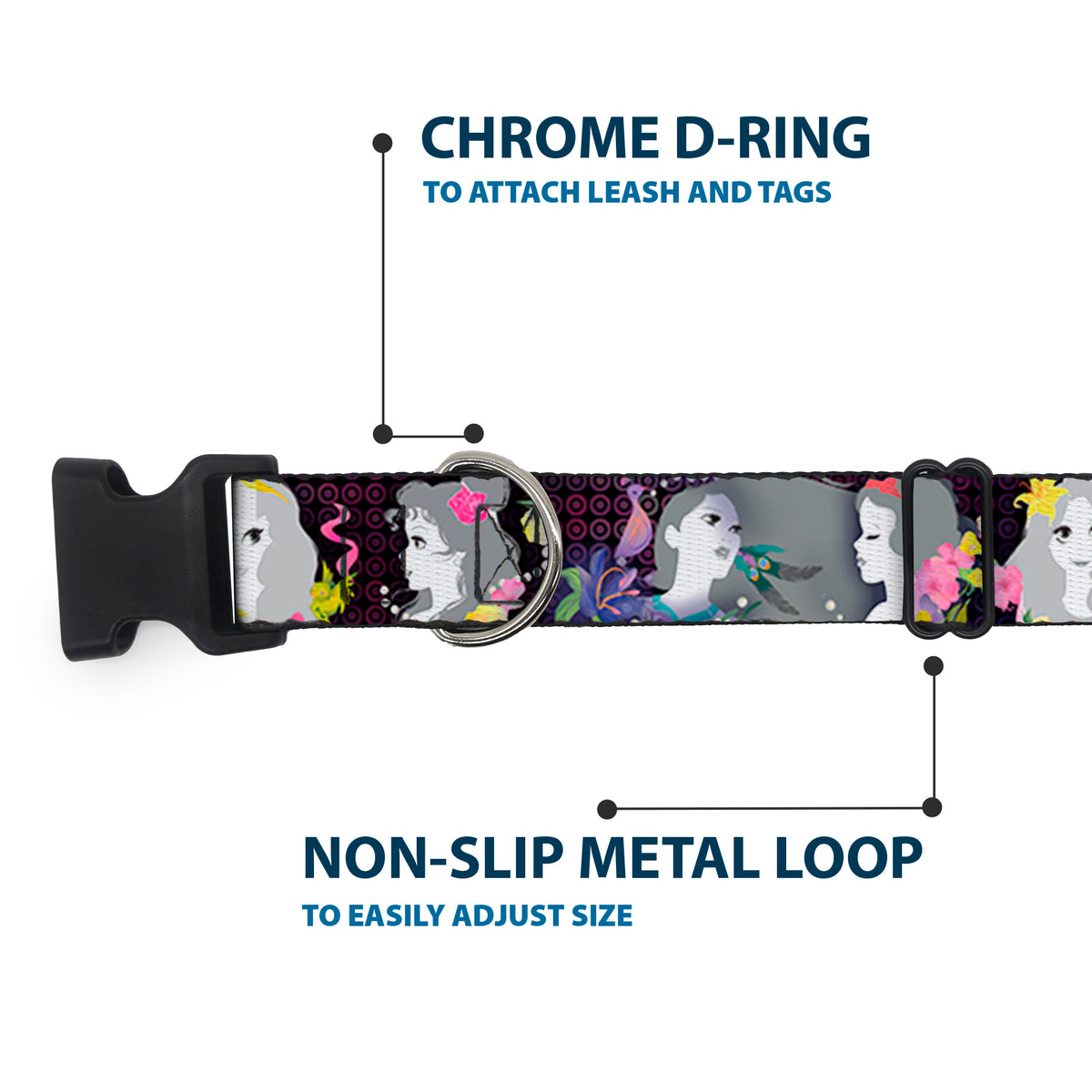 Plastic Clip Collar - Princess Silhouettes Dots Black/Purple/Gray/Multi Color Dog Collars Plastic Clip Side Release Disney