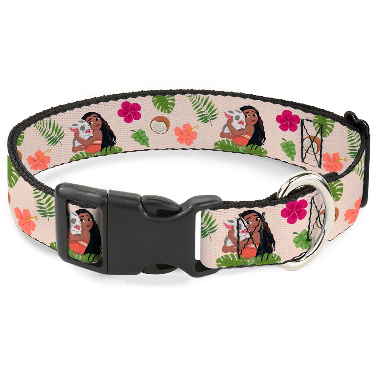 Plastic Clip Collar - Moana Hugging Pua Pose and Tropical Flora Beige Dog Collars Plastic Clip Side Release Disney