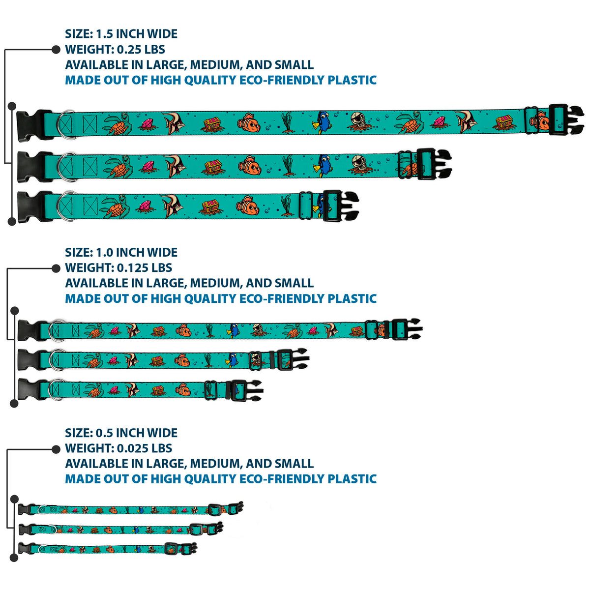 Plastic Clip Collar - Finding Nemo Fish and Under Sea Treasures Aqua Blue Dog Collars Plastic Clip Side Release Disney