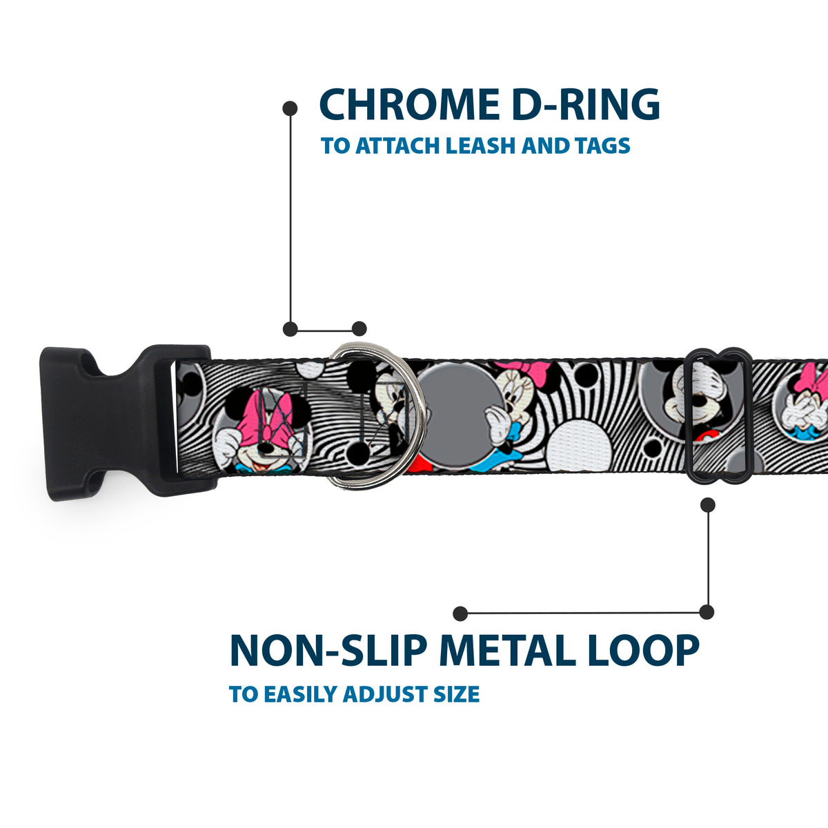 Plastic Clip Collar - Mickey & Minnie Peek-a-Boo Expressions Swirl Black/White Dog Collars Plastic Clip Side Release Disney