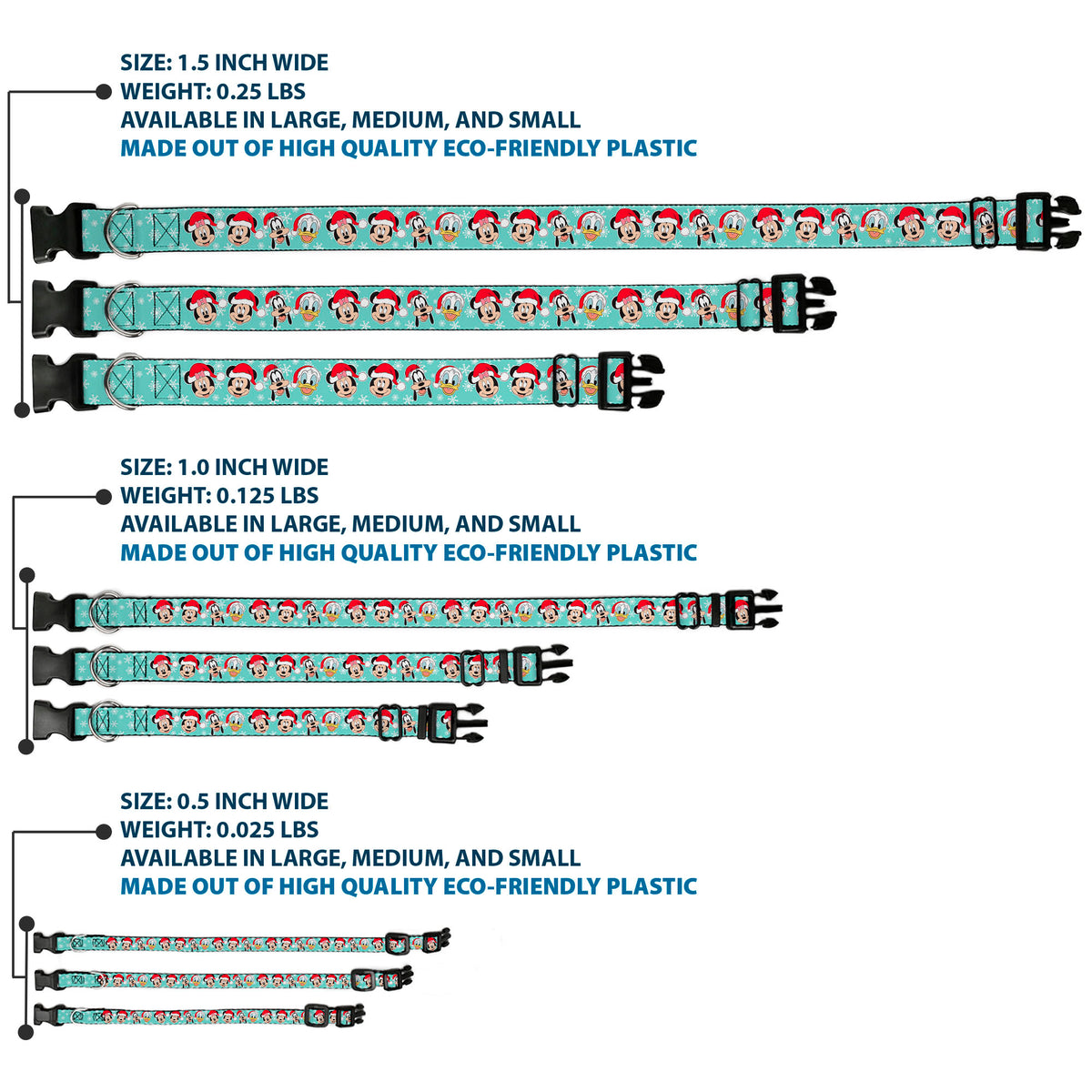 Plastic Clip Collar - Holiday Mickey and Friends Santa Hat Poses Snowflakes Light Blue/White Dog Collars Plastic Clip Side Release Disney