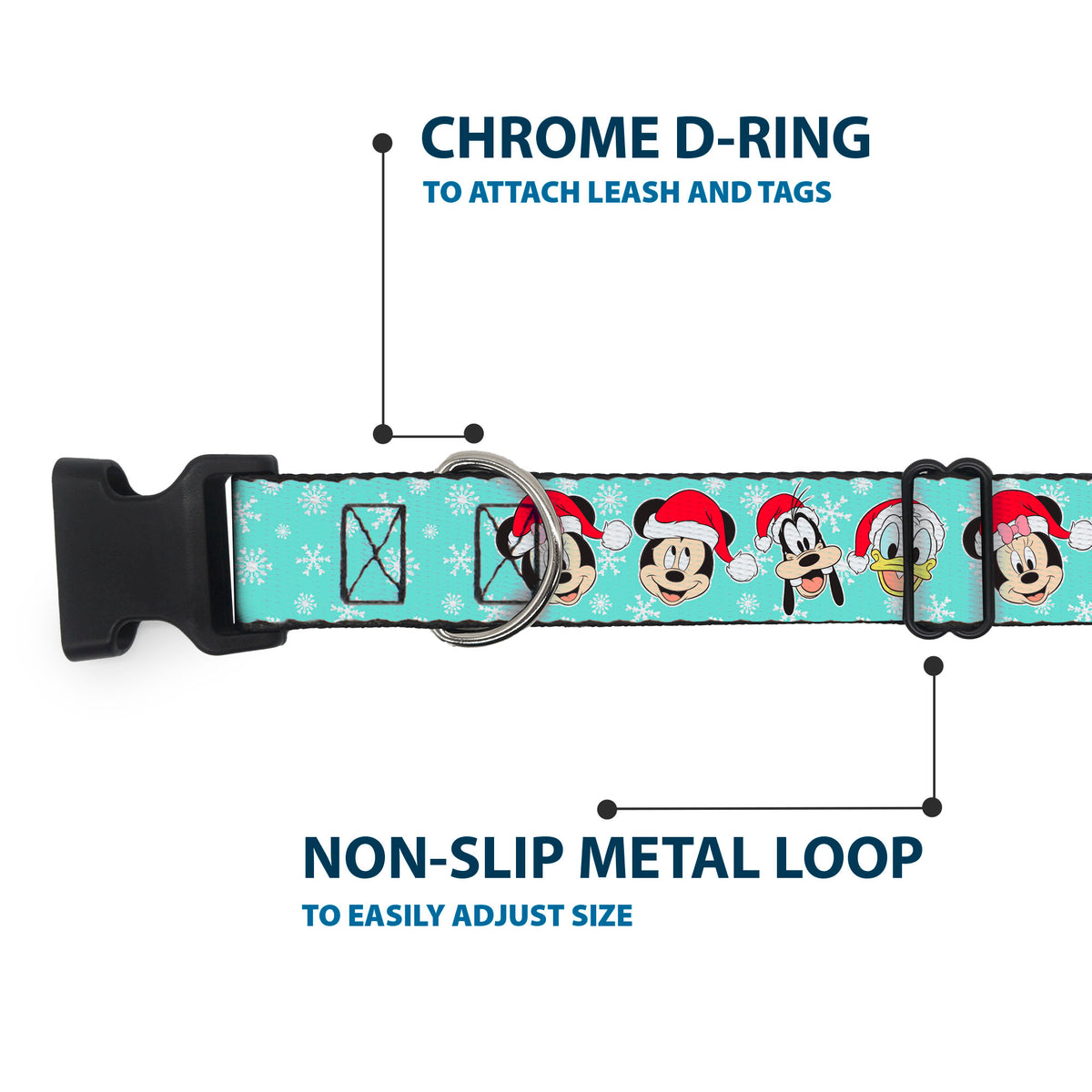 Plastic Clip Collar - Holiday Mickey and Friends Santa Hat Poses Snowflakes Light Blue/White Dog Collars Plastic Clip Side Release Disney