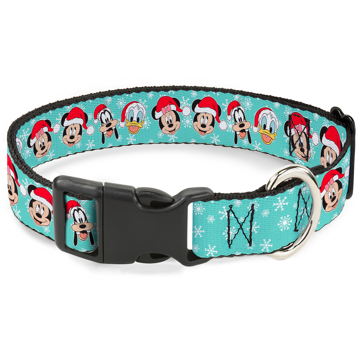 Plastic Clip Collar - Holiday Mickey and Friends Santa Hat Poses Snowflakes Light Blue/White Dog Collars Plastic Clip Side Release Disney
