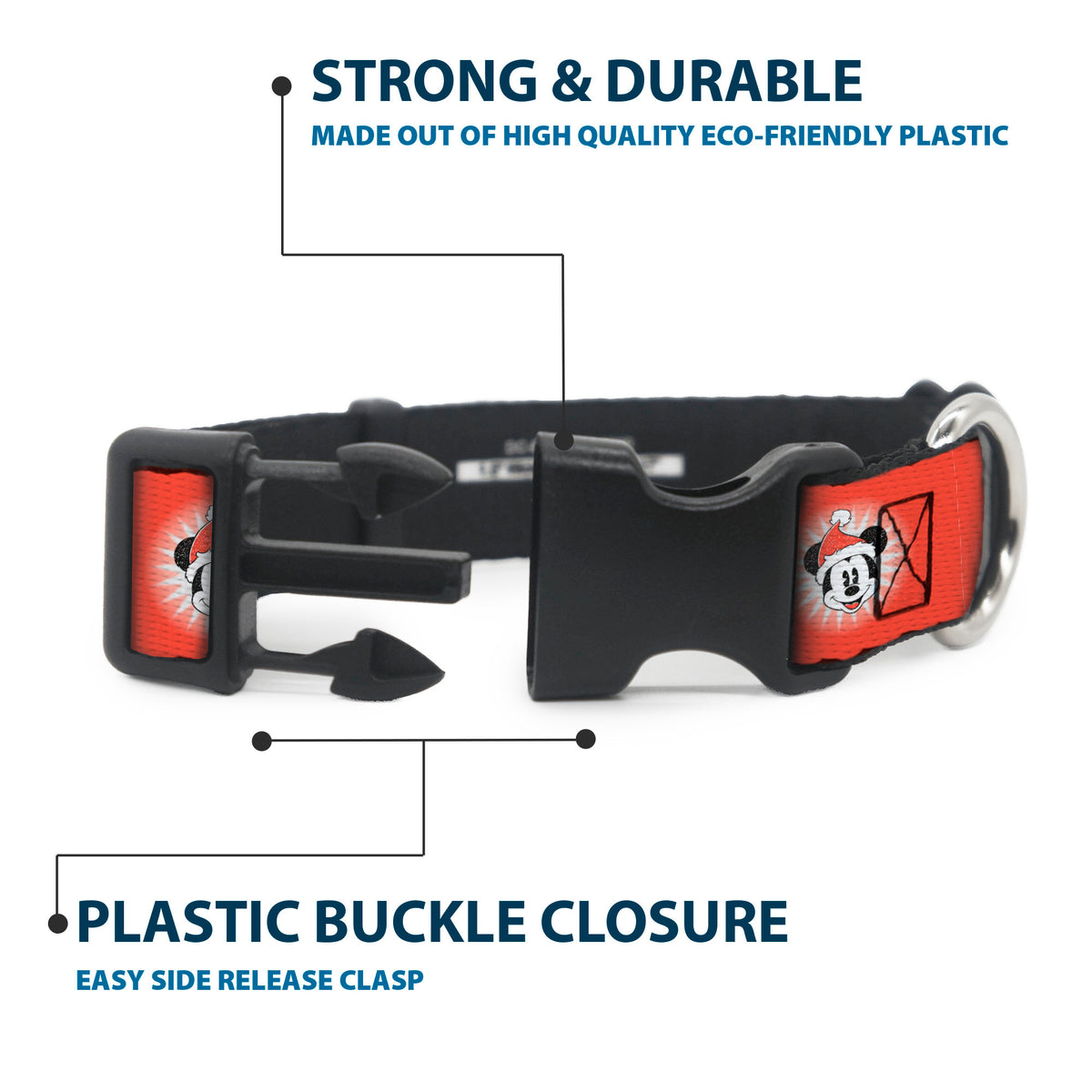 Plastic Clip Collar - Christmas Holiday Mickey Mouse Face Starburst Red Dog Collars Plastic Clip Side Release Disney