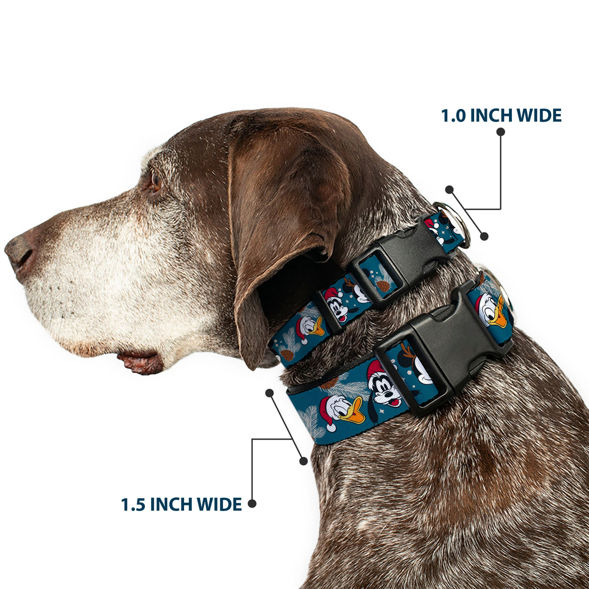 Plastic Clip Collar - Christmas Holiday Donald Goofy and Mickey Faces and Pine Cones Blue Dog Collars Plastic Clip Side Release Disney