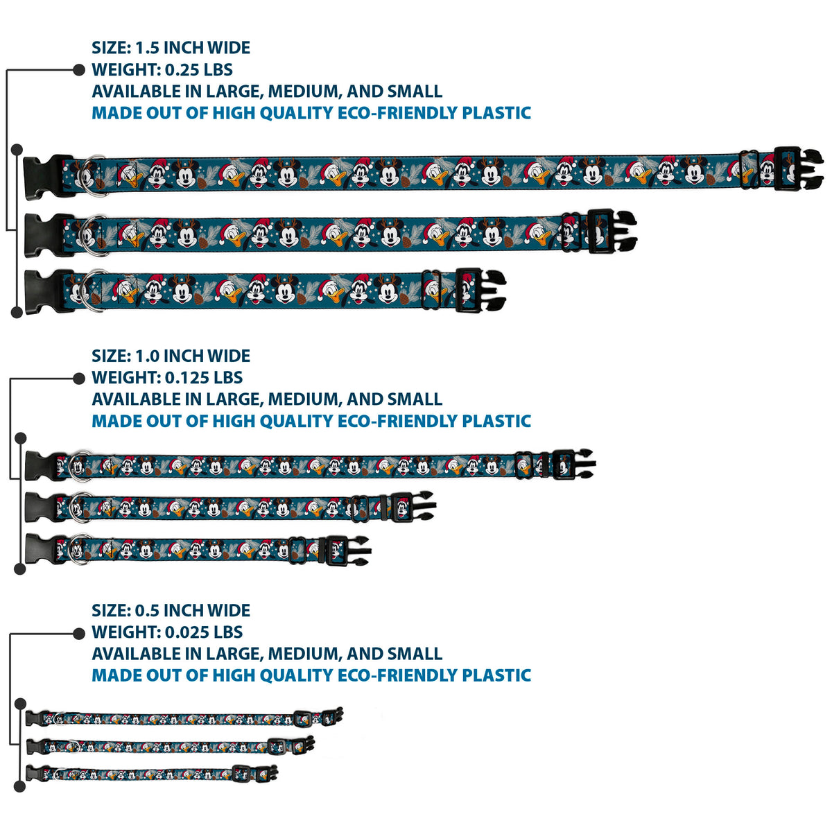 Plastic Clip Collar - Christmas Holiday Donald Goofy and Mickey Faces and Pine Cones Blue Dog Collars Plastic Clip Side Release Disney