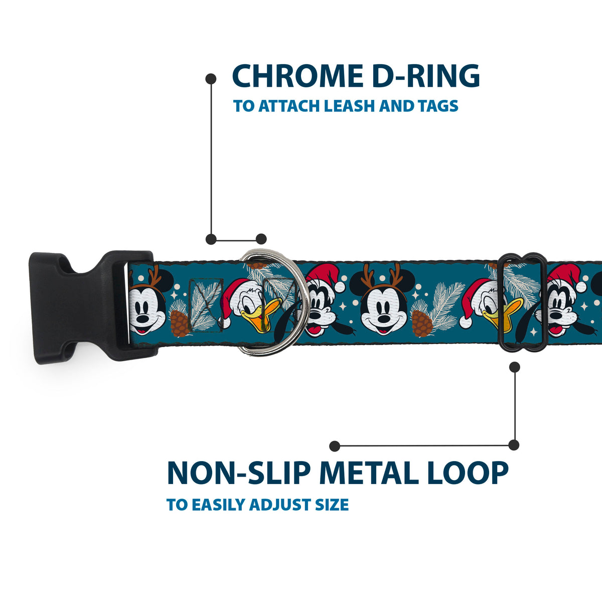 Plastic Clip Collar - Christmas Holiday Donald Goofy and Mickey Faces and Pine Cones Blue Dog Collars Plastic Clip Side Release Disney