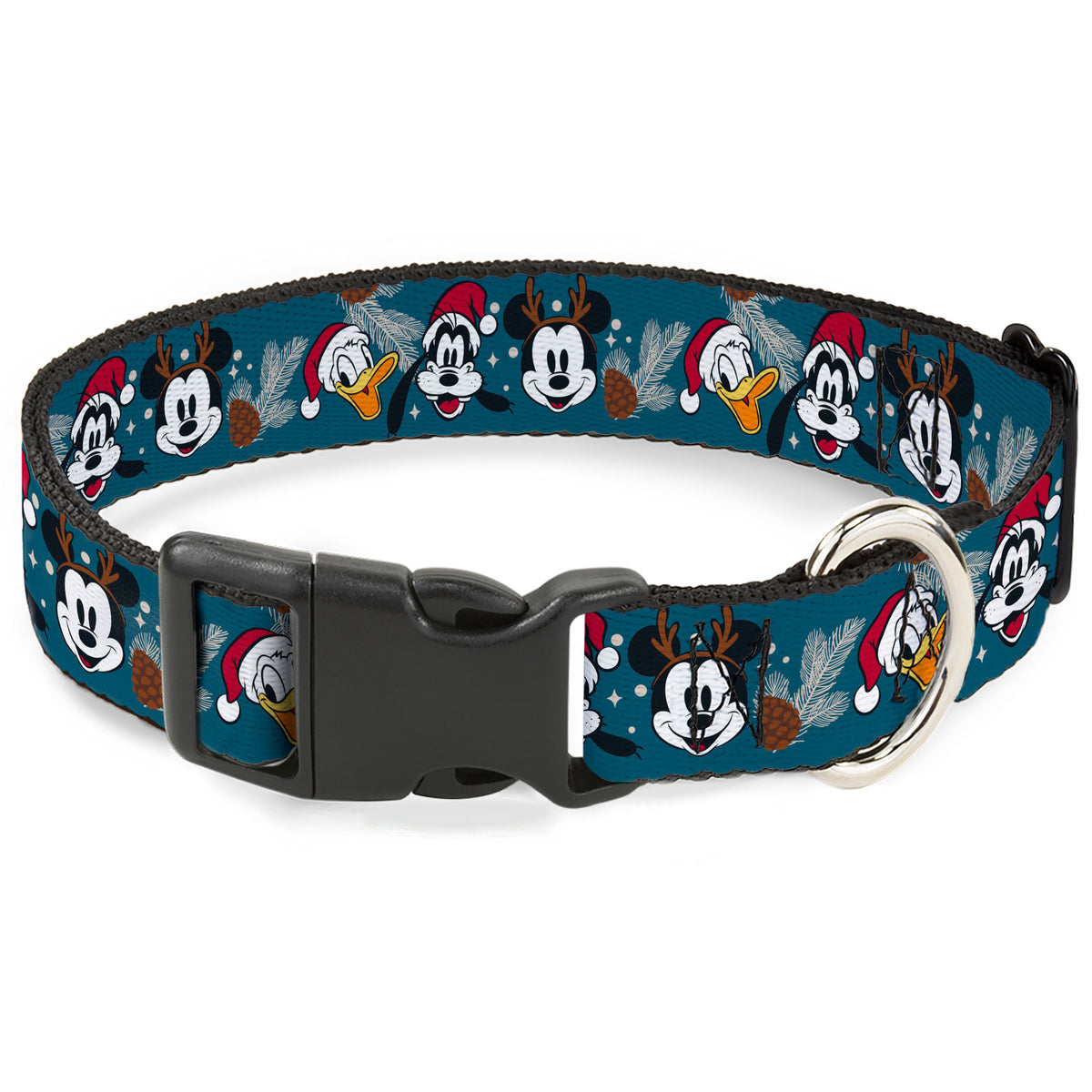 Plastic Clip Collar - Christmas Holiday Donald Goofy and Mickey Faces and Pine Cones Blue Dog Collars Plastic Clip Side Release Disney